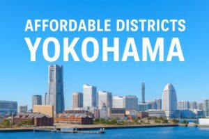 Yokohama Minato Mirai skyline on a clear sunny day, featuring Landmark Tower, Cosmo Clock 21 Ferris wheel, and modern waterfront buildings under a bright blue sky, with bold text 'Affordable Districts Yokohama'.
