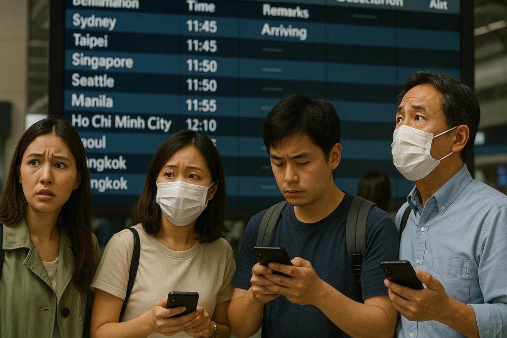 Tourists at Japanese airport checking flight updates amid July 5 earthquake rumor fears