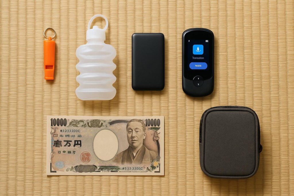 Optional safety gear for travelers in Japan including whistle, cash, and portable charger