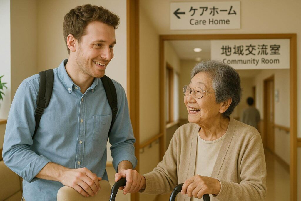 Foreign visitor engaging with elderly Japanese local in a caregiving or community setting