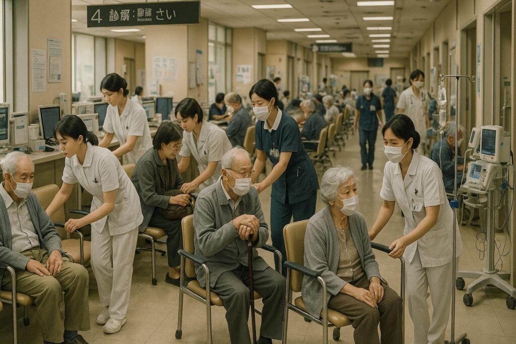 Busy hospital in Japan with many elderly patients receiving care