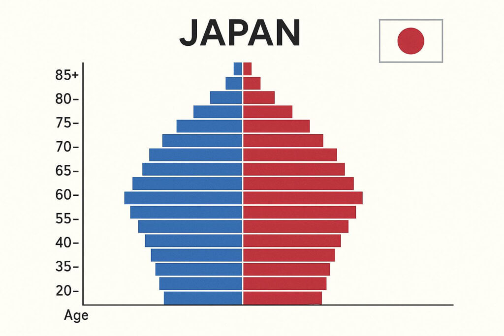 Japan’s population pyramid showing a large elderly population and shrinking youth base