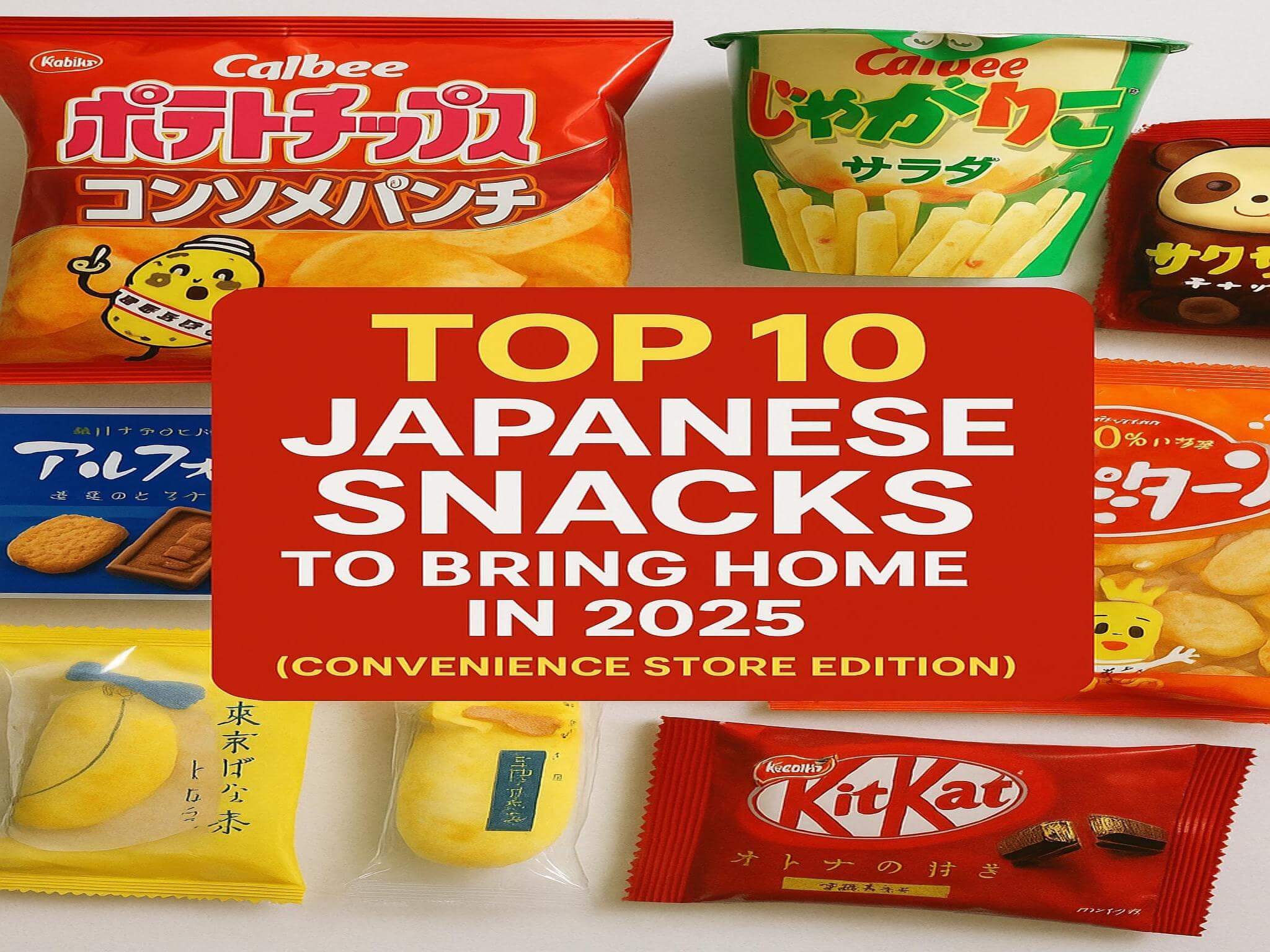 "Top 10 Japanese convenience store snacks to buy in 2025, including KitKat, Jagariko, Tokyo Banana, and Calbee chips"