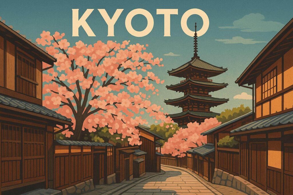 Illustration of Kyoto with cherry blossoms, traditional wooden houses, and a five-story pagoda.