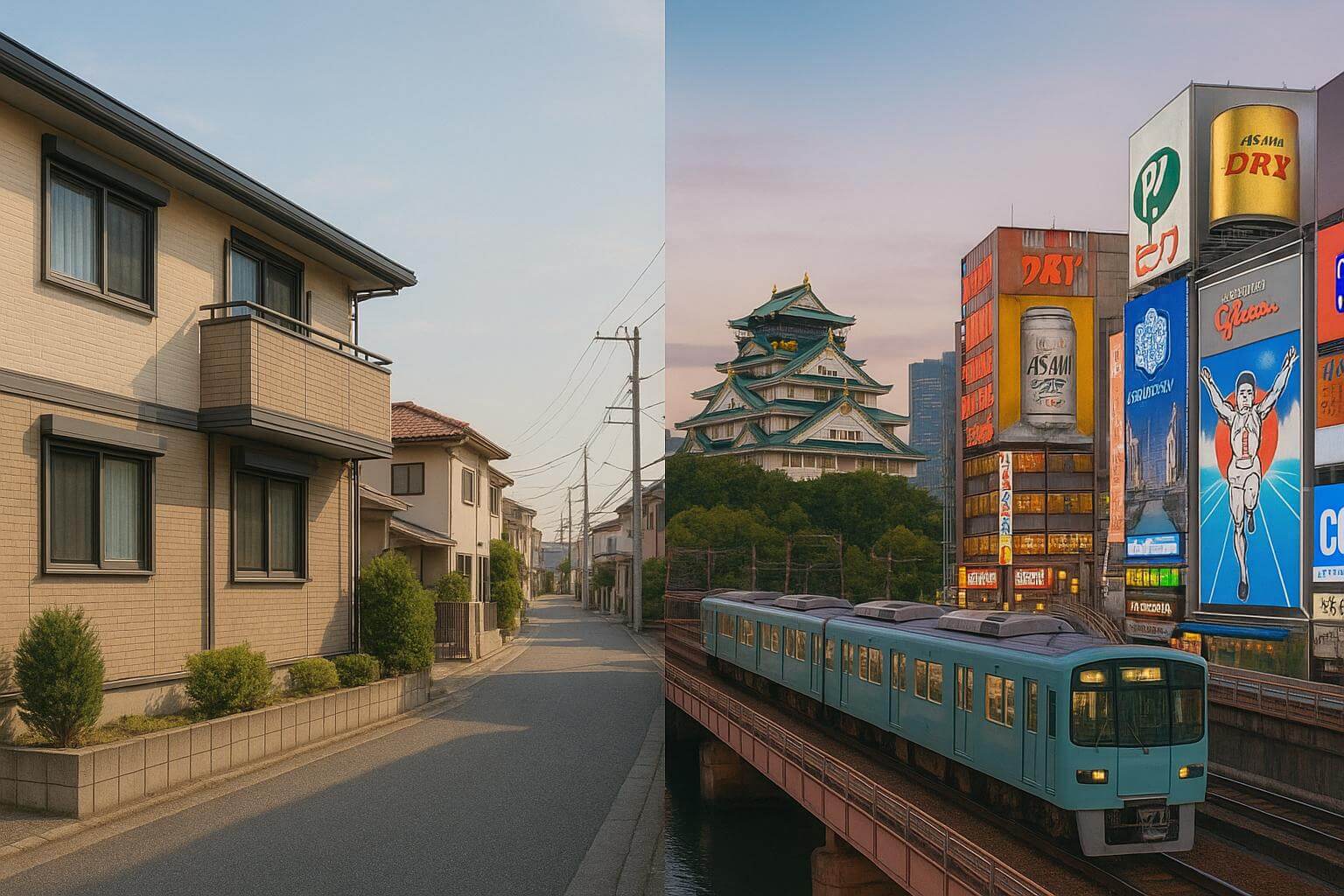 Split view of Osaka showing affordable suburban living on the left with quiet residential apartments, and the vibrant city life on the right with Osaka Castle, Dotonbori neon signs, and a passing train.