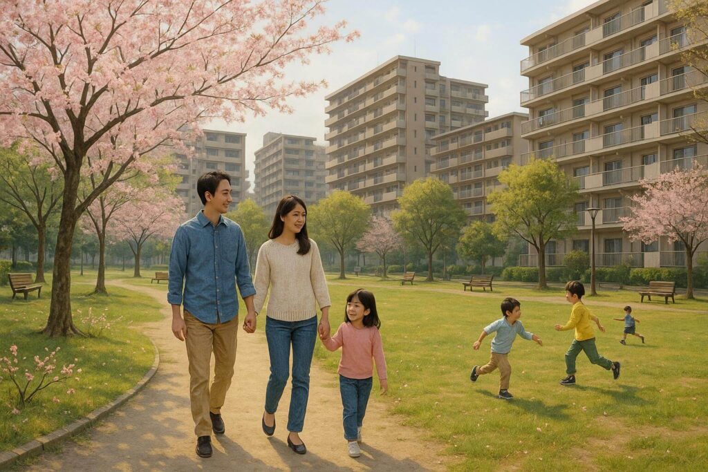 Osaka family-friendly neighborhood with parks, children playing, and affordable apartments