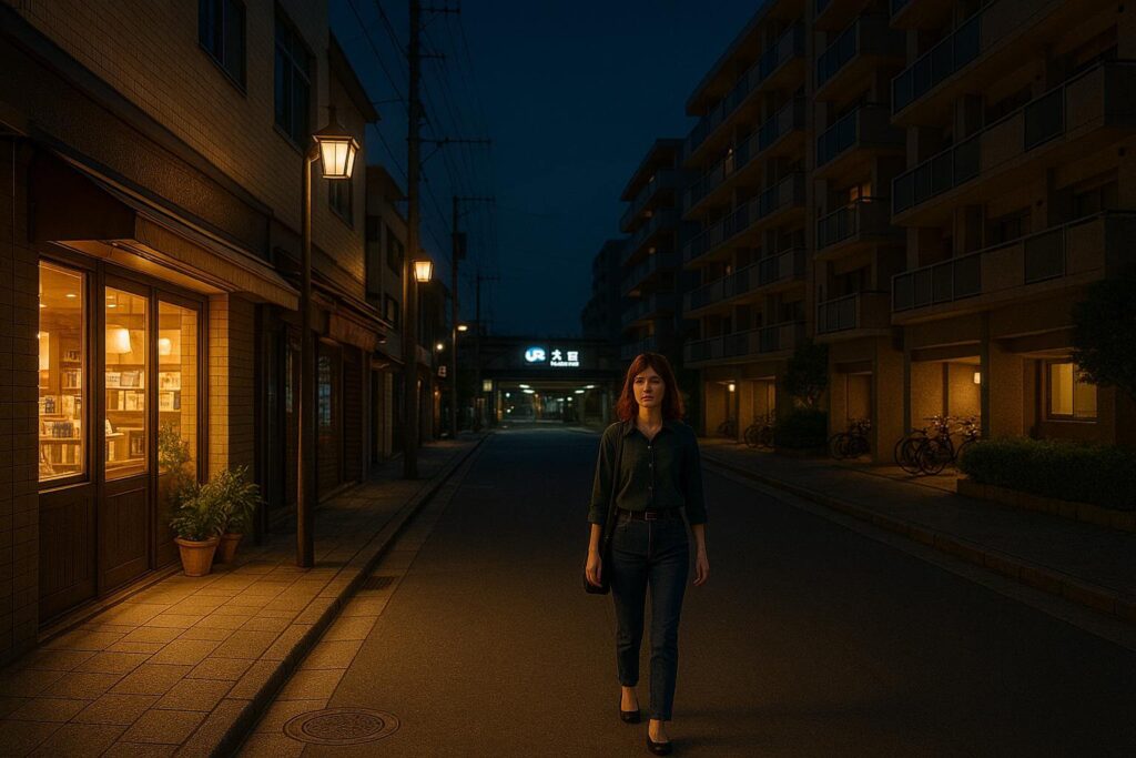 Safe and quiet Osaka neighborhood at night with shops, lighting, and a woman walking alone near a train station.