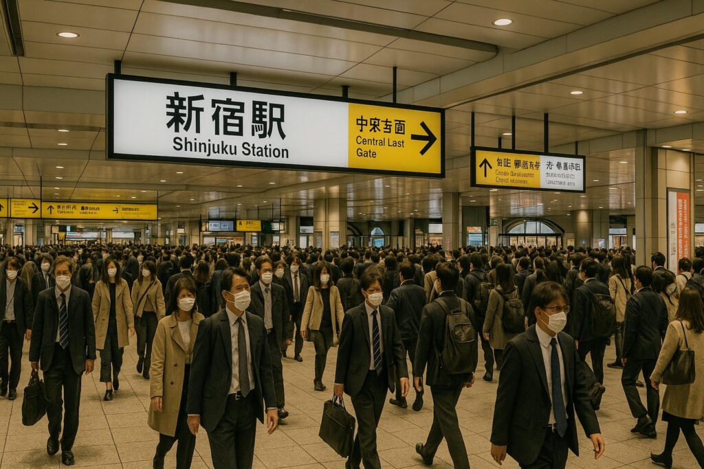 Image of crowded Shinjuku Station vs Osaka's Umeda Station with people commuting