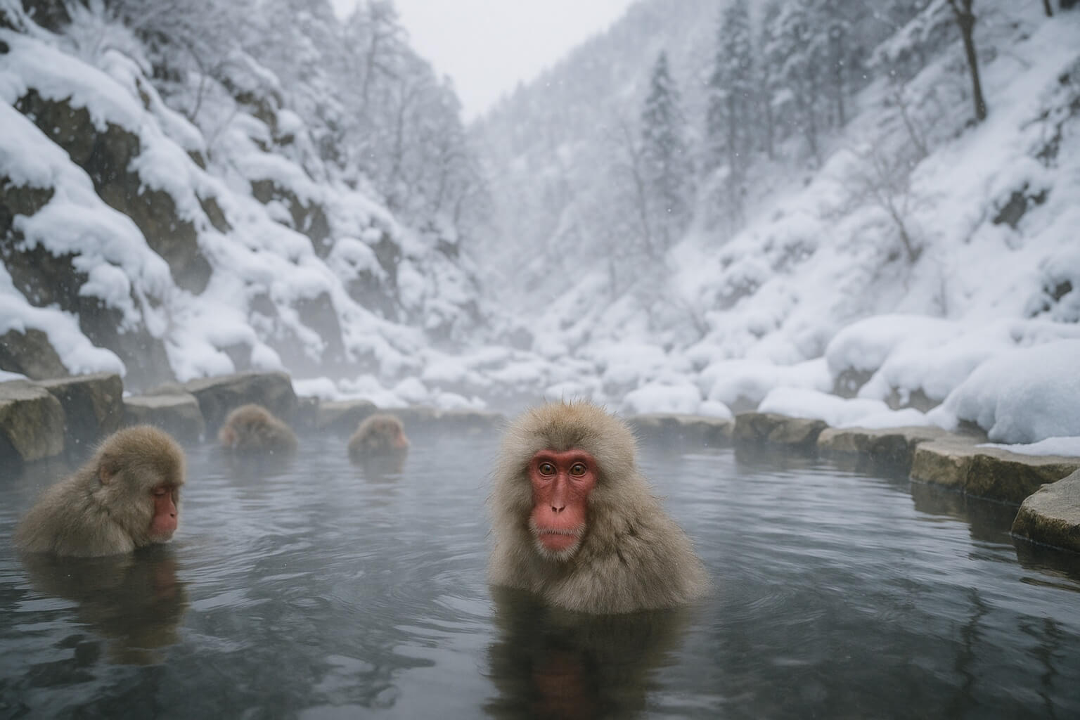 Japanese snow monkeys relaxing in a steaming hot spring surrounded by snowy mountains in Nagano