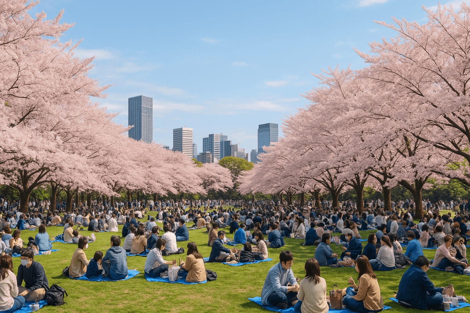 Cherry blossoms in full bloom across Tokyo with people enjoying hanami under pink trees in spring 2026