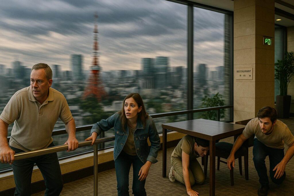 Tourists in Tokyo responding calmly during a mild earthquake in a hotel lobby