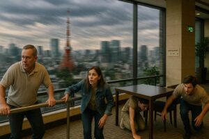 What to Do If an Earthquake Strikes While You're in Tokyo (Traveler’s Guide) Tourists in Tokyo responding calmly during a mild earthquake in a hotel lobby