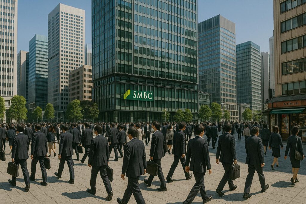Office workers in dark suits walking through a busy business district in Tokyo, with tall glass skyscrapers and the SMBC headquarters in the background.