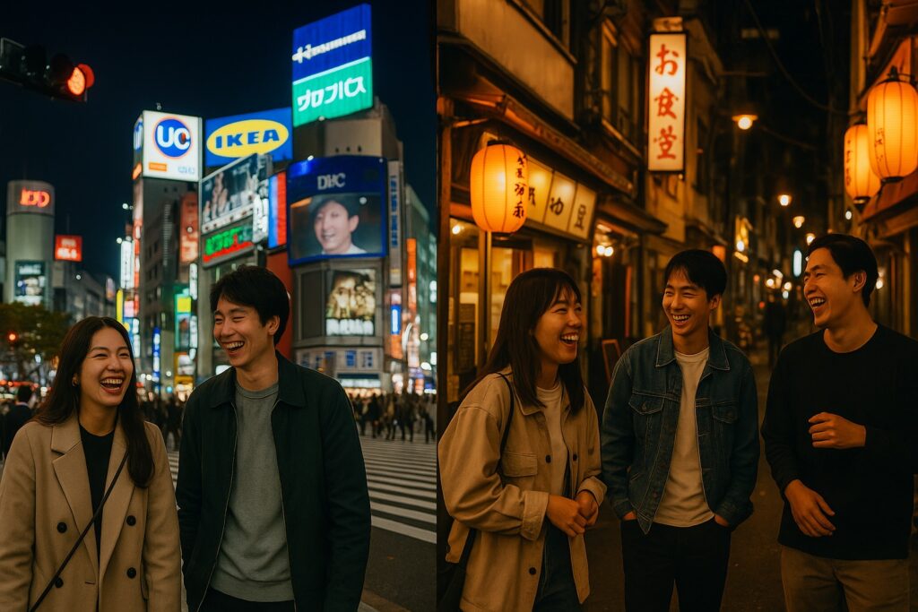 Modern Tokyo nightlife (Shibuya) and casual Osaka street with people chatting and laughing