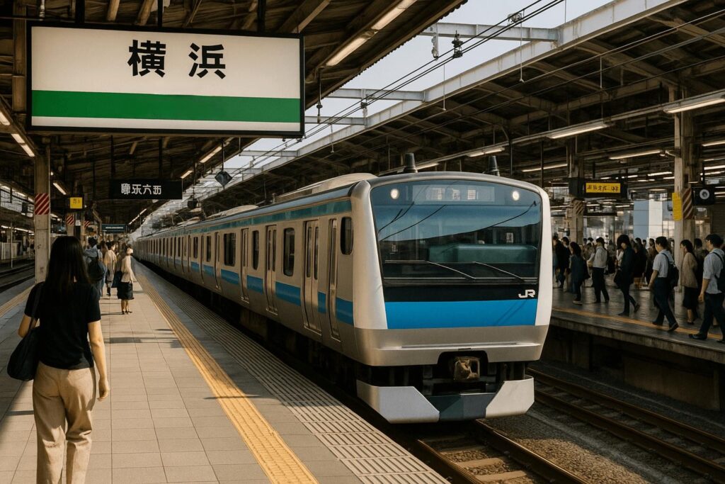 JR train arriving at Yokohama Station with access to Tokyo