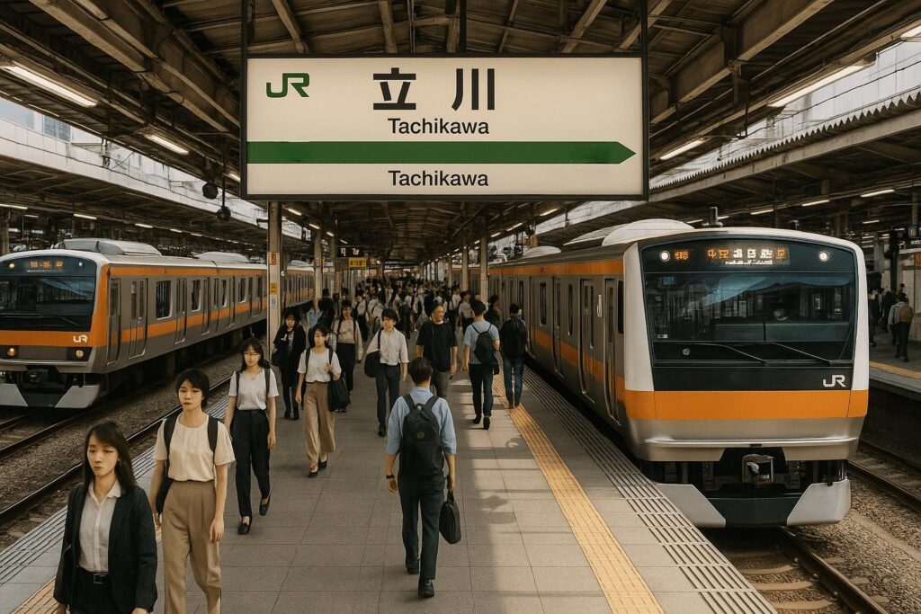 Tachikawa Station with JR trains and signs in Japanese and English