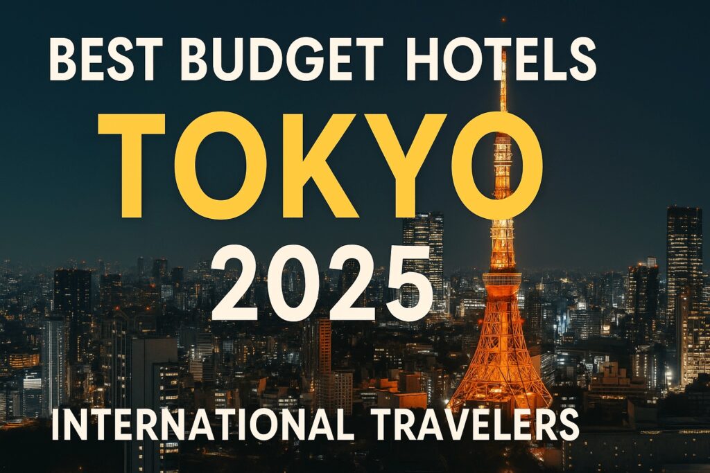Tokyo night skyline with Tokyo Tower and skyscrapers, promotional banner text reading 'Best Budget Hotels in Tokyo 2025 for International Travelers', clean and modern design with travel icons.