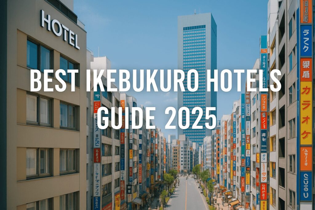"Daytime view of Ikebukuro Sunshine Street in Tokyo with Sunshine 60 tower, colorful shop signs, and a modern hotel facade, header image for Best Ikebukuro Hotels Guide 2025."