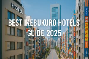 The Ultimate Guide to Ikebukuro Hotels: 11 Best Places to Stay Near Sunshine City (2025) "Daytime view of Ikebukuro Sunshine Street in Tokyo with Sunshine 60 tower, colorful shop signs, and a modern hotel facade, header image for Best Ikebukuro Hotels Guide 2025."