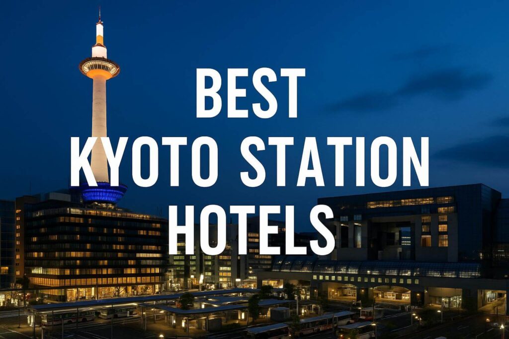 "Kyoto Station at night with Kyoto Tower illuminated and nearby hotels, representing the best hotels around Kyoto Station."