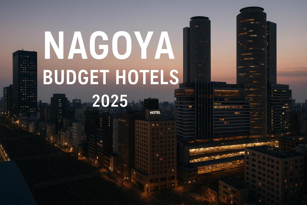 "Nagoya Station cityscape at dusk with JR Central Towers and nearby budget hotels illuminated, representing affordable accommodations near Nagoya Station in 2025."