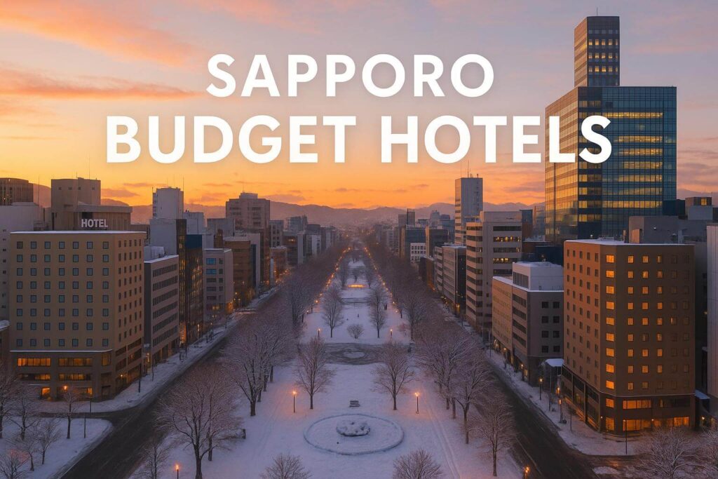 "Snow-covered Odori Park in Sapporo at sunrise, with warm morning light illuminating nearby hotels and modern buildings."
