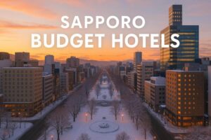 Best Budget Hotels Sapporo 2025: Complete Guide for International Travelers "Snow-covered Odori Park in Sapporo at sunrise, with warm morning light illuminating nearby hotels and modern buildings."