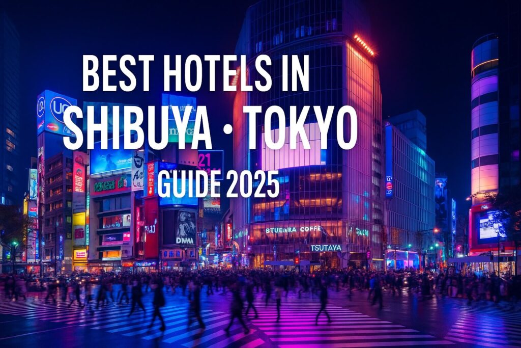 "Night view of Shibuya Scramble Crossing in Tokyo with neon lights, billboards, and crowds, used as a header image for Best Shibuya Hotels Tokyo Guide 2025."
