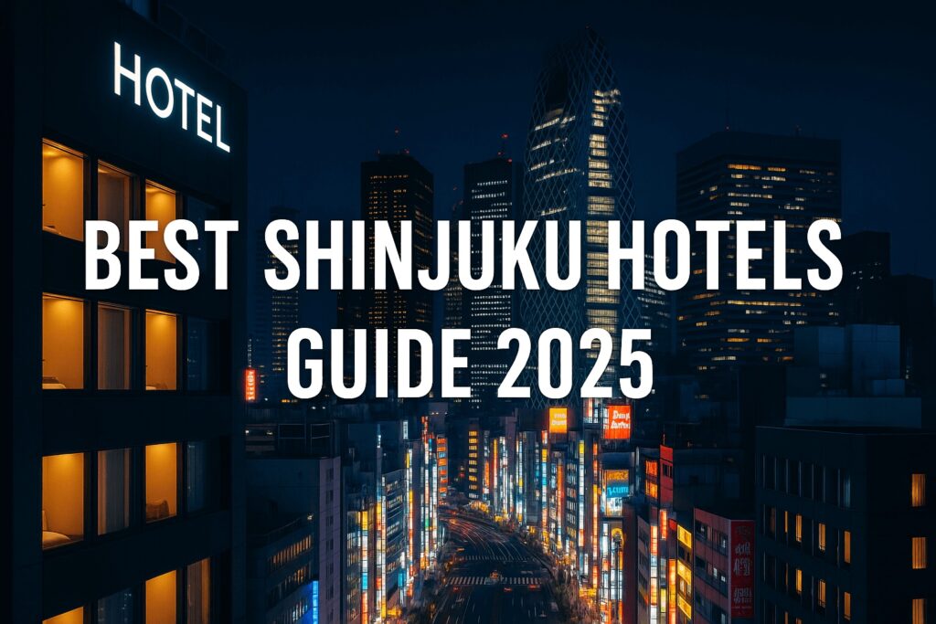 "Night view of Shinjuku Tokyo skyline with Mode Gakuen Cocoon Tower, neon-lit streets, and modern hotels, header image for Best Shinjuku Hotels Guide 2025."