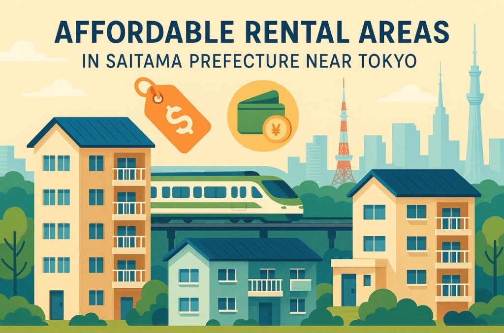"Modern apartment buildings and train station in Saitama Prefecture with Tokyo skyline in background, illustrating affordable housing options for foreigners near Tokyo"