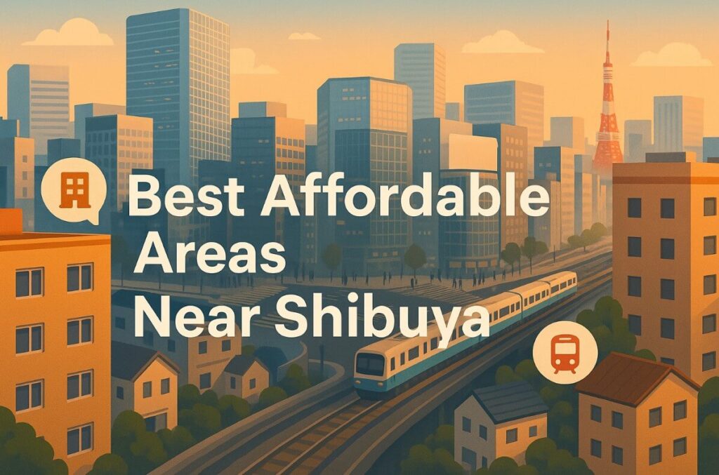 Best Affordable Areas Near Shibuya - Professional guide for international residents showing Tokyo cityscape with train connections to residential neighborhoods