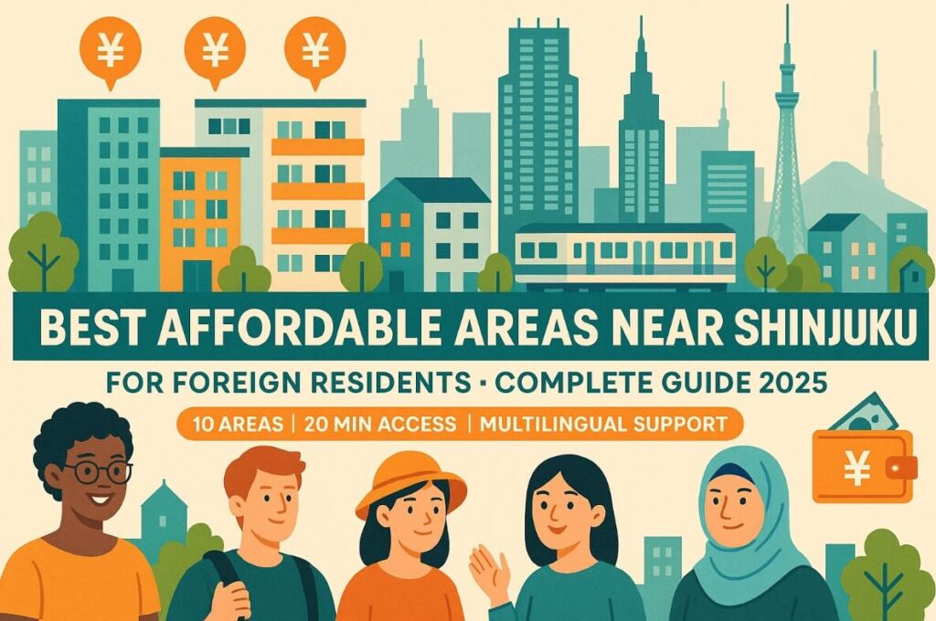 "Best Affordable Areas Near Shinjuku for Foreign Residents - Complete Guide 2025, featuring 10 areas with 20-minute access and multilingual support, illustrated with Tokyo apartments and diverse international residents"