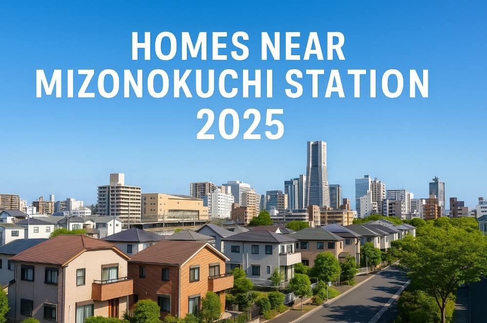 Residential neighborhood near Mizonokuchi Station with modern houses, apartments, and greenery on a clear sunny day, overlaid with bold white text 'Homes Near Mizonokuchi Station 2025'.