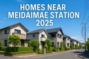 Tree-lined residential street near Meidaimae Station on a clear sunny day, with modern houses and greenery, overlaid with bold white text 'Homes Near Meidaimae Station 2025'.