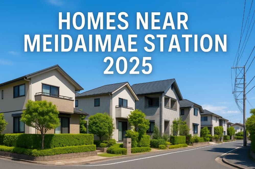 Tree-lined residential street near Meidaimae Station on a clear sunny day, with modern houses and greenery, overlaid with bold white text 'Homes Near Meidaimae Station 2025'.