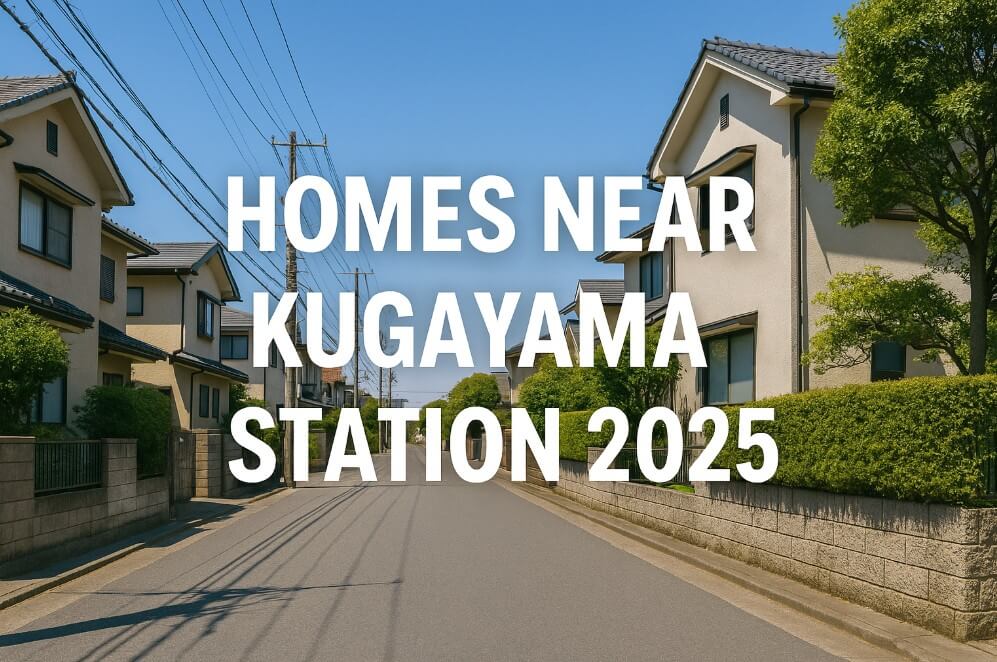 Upscale residential street near Kugayama Station on a clear sunny day, with well-kept two-story houses, greenery, and a premium suburban neighborhood atmosphere, overlaid with bold white text 'Homes Near Kugayama Station 2025'.