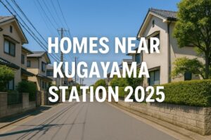 Upscale residential street near Kugayama Station on a clear sunny day, with well-kept two-story houses, greenery, and a premium suburban neighborhood atmosphere, overlaid with bold white text 'Homes Near Kugayama Station 2025'.