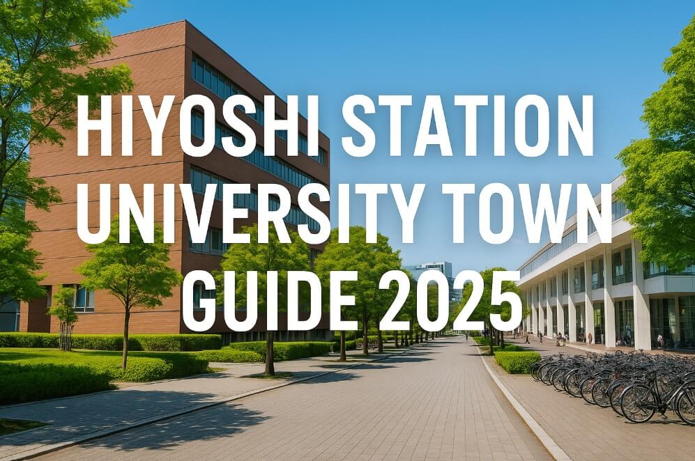 University town atmosphere near Hiyoshi Station on a clear sunny day, with modern campus-style buildings, tree-lined walkways, and bicycles parked, overlaid with bold white text 'Hiyoshi Station University Town Guide 2025'.