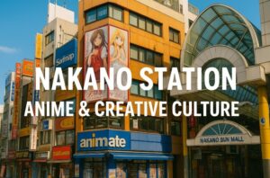 Nakano Broadway entrance near Nakano Station with colorful anime shop signs and creative culture atmosphere, overlaid with bold white text 'Nakano Station Anime & Creative Culture'.