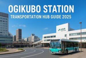 Ogikubo Station front with bus rotary, trains, and administrative buildings on a clear sunny day, overlaid with bold white text 'Ogikubo Station Transportation Hub Guide 2025'.