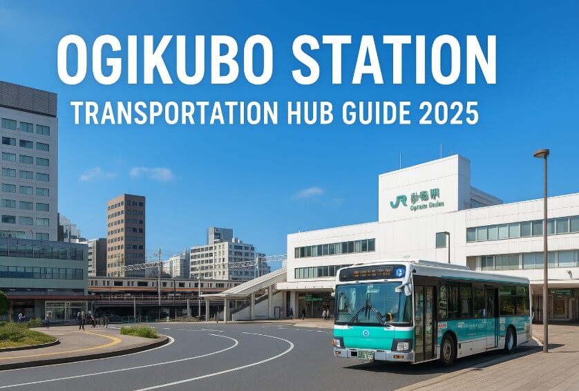 Ogikubo Station front with bus rotary, trains, and administrative buildings on a clear sunny day, overlaid with bold white text 'Ogikubo Station Transportation Hub Guide 2025'.