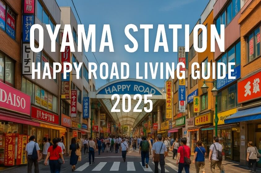 Happy Road Oyama shopping street bustling with people under a clear blue sky, colorful shop signs along the arcade, overlaid with bold white text 'Oyama Station Happy Road Living Guide 2025'.