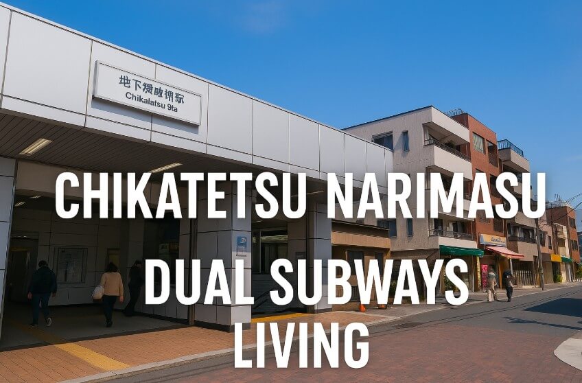 Chikatetsu Narimasu Station entrance with modern design, surrounded by shops and residential buildings under a clear sky, overlaid with bold white text 'Chikatetsu Narimasu Dual Subway Living Guide 2025'.