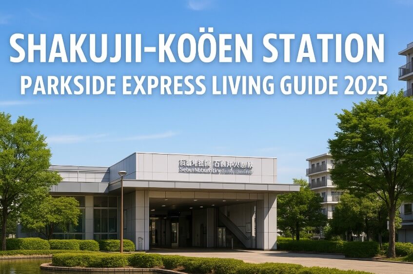 Shakujii Koen Station entrance with greenery and a nearby pond on a clear sunny day, overlaid with bold white text 'Shakujii Koen Parkside Living Guide 2025'.