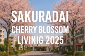 Sakuradai Station entrance framed by cherry blossom trees in full bloom on a clear sunny day, overlaid with bold white text 'Sakuradai Station Cherry Blossom Living Guide 2025'.