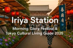 Iriya Station Living Guide 2025: Japan's Premier Morning Glory Festival District for International Residents A festival scene at Iriya Morning Glory Festival in Tokyo with rows of colorful morning glories, red lanterns, and visitors in yukata, overlaid with bold white text reading ‘Iriya Station – Morning Glory Festival & Tokyo Cultural Living Guide 2025’.