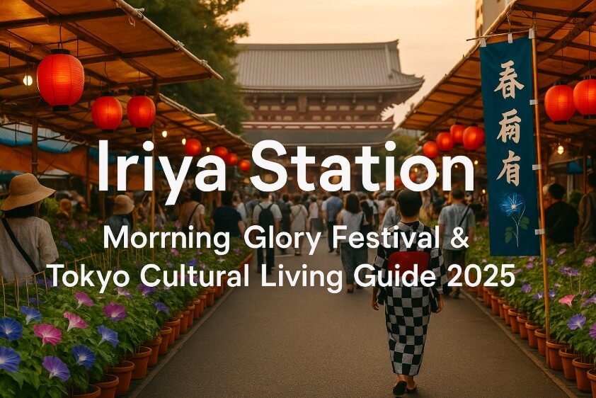 A festival scene at Iriya Morning Glory Festival in Tokyo with rows of colorful morning glories, red lanterns, and visitors in yukata, overlaid with bold white text reading ‘Iriya Station – Morning Glory Festival & Tokyo Cultural Living Guide 2025’.