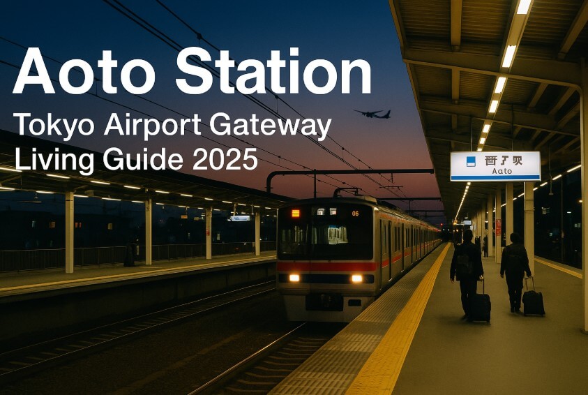 A twilight view of Aoto Station platform with a Keisei train arriving, passengers pulling suitcases, and an airplane flying in the sky, overlaid with bold white text reading ‘Aoto Station – Tokyo Airport Gateway Living Guide 2025’.