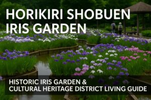 Horikiri-Shobuen Station Living Guide 2025: Japan's Historic Iris Garden Cultural Heritage District for International Residents Horikiri Shobuen Iris Garden in Tokyo with rows of blooming purple, white, and pink irises along a winding waterway, overlaid with bold white text ‘Horikiri Shobuen Iris Garden’ and a black banner at the bottom reading ‘Historic Iris Garden & Cultural Heritage District Living Guide 2025’.