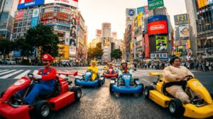Colorful street go-karts racing through Tokyo city streets with Shibuya buildings and neon signs